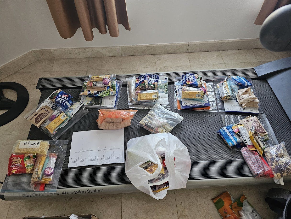 Multi-day race food prepped in ziplock bags laid out across a treadmill, with a hand-written daily nutrition plan